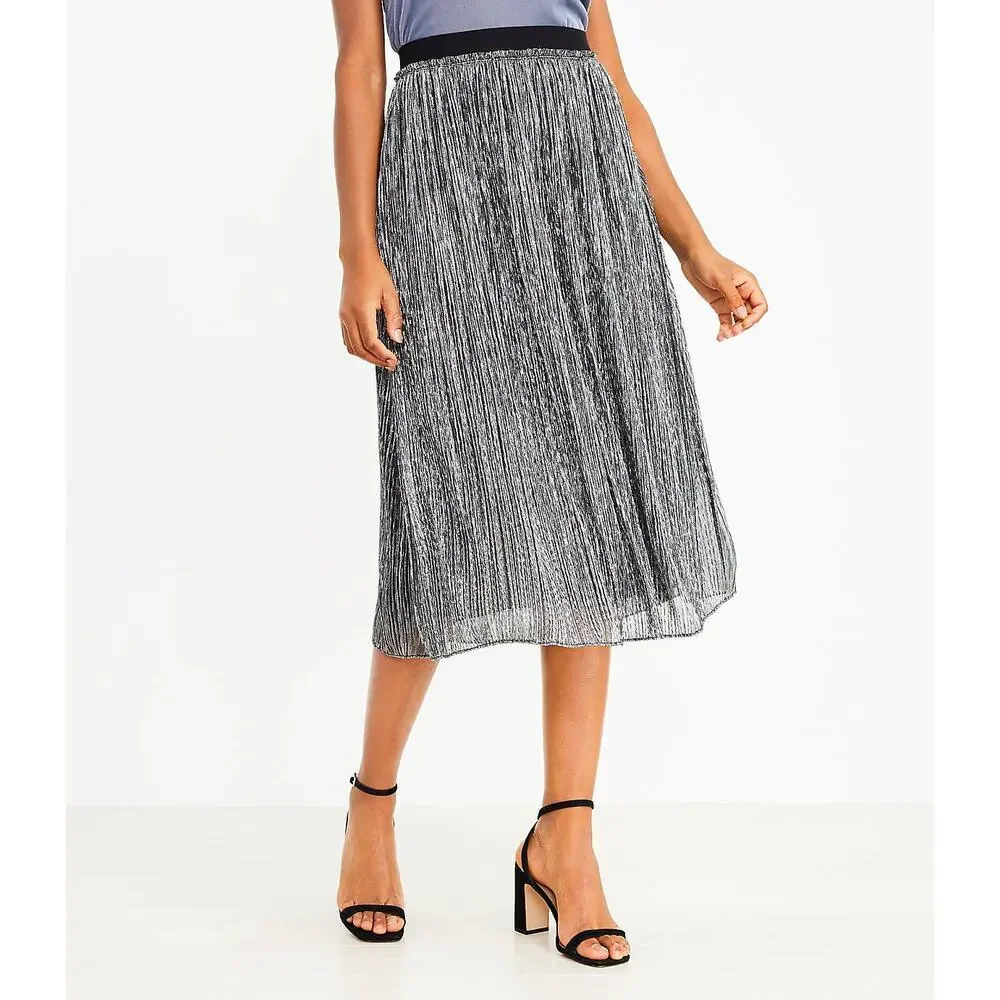Loft Women’s Velvet‎ Waist Shimmer Crinkle Lurex Metallic Midi Skirt Size Small
